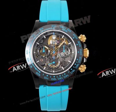 Rolex Skleleton Daytona Montoya Black Case Turquoise Blue Strap Super Clone 4130 Watch